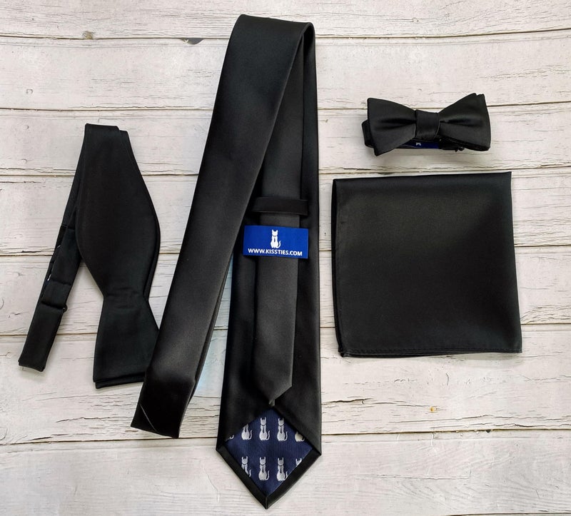 KissTies Mens Silk Black Tie Solid Satin Wedding Necktie + Gift Box - Image 4